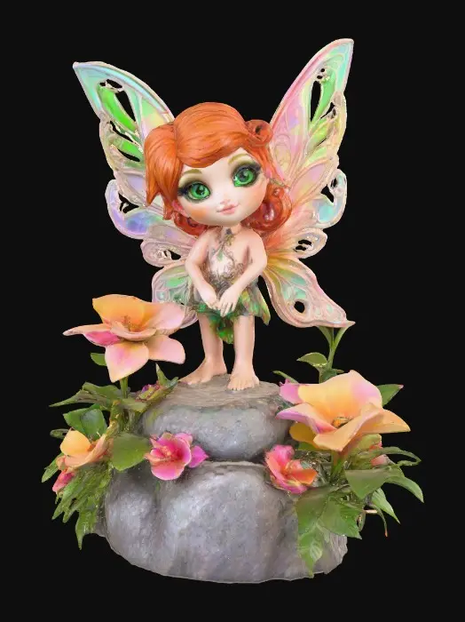 3D model for a playful green eyed, redhead, fairy with thick black lashes, and holographic metallic filigree wings in a mystical environment, surrounded by luminous exotic jungle florals. The figure is, rendered with intricate details and poised on a round rocky base.