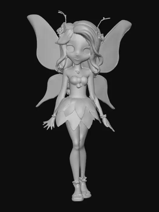 3D model for a playful green eyed, redhead, fairy with thick black lashes, and holographic metallic filigree wings in a mystical environment, surrounded by luminous exotic jungle florals. The figure is, rendered with intricate details and poised on a round rocky base.