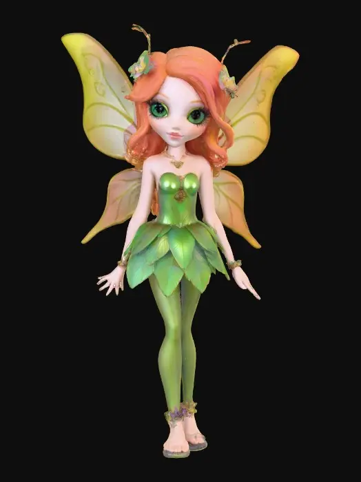3D model for a playful green eyed, redhead, fairy with thick black lashes, and holographic metallic filigree wings in a mystical environment, surrounded by luminous exotic jungle florals. The figure is, rendered with intricate details and poised on a round rocky base.