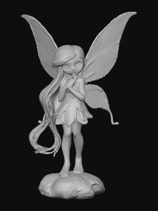 3D model for a playful green eyed, redhead, fairy with thick black lashes, and holographic metallic filigree wings in a mystical environment, surrounded by luminous exotic jungle florals. The figure is, rendered with intricate details and poised on a round rocky base.