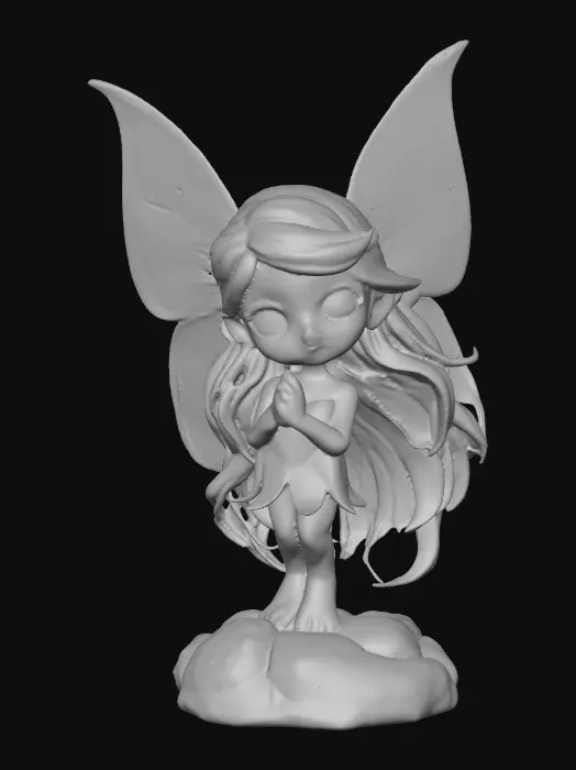 3D model for a playful green eyed, redhead, fairy with thick black lashes, and holographic metallic filigree wings in a mystical environment, surrounded by luminous exotic jungle florals. The figure is, rendered with intricate details and poised on a round rocky base.