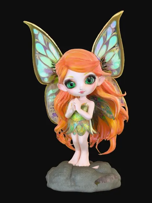 3D model for a playful green eyed, redhead, fairy with thick black lashes, and holographic metallic filigree wings in a mystical environment, surrounded by luminous exotic jungle florals. The figure is, rendered with intricate details and poised on a round rocky base.