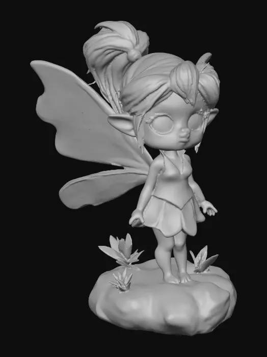 3D model for a playful green eyed, redhead, fairy with thick black lashes, and holographic metallic filigree wings in a mystical environment, surrounded by luminous exotic jungle florals. The figure is, rendered with intricate details and poised on a round rocky base.