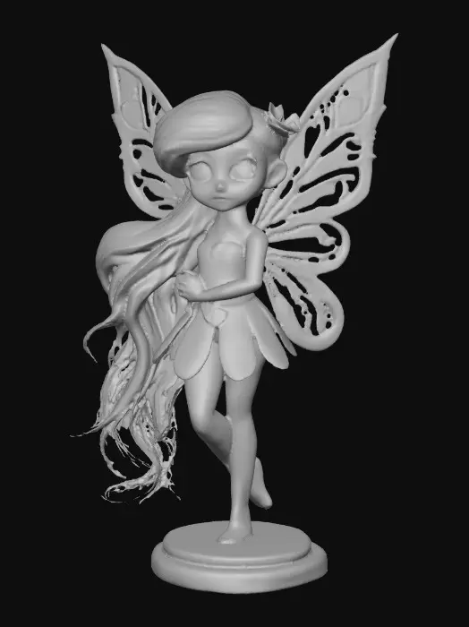 3D model for a playful green eyed, redhead, fairy with thick black lashes, and holographic metallic filigree wings in a mystical environment, surrounded by luminous exotic jungle florals. The figure is, rendered with intricate details and poised on a round rocky base.