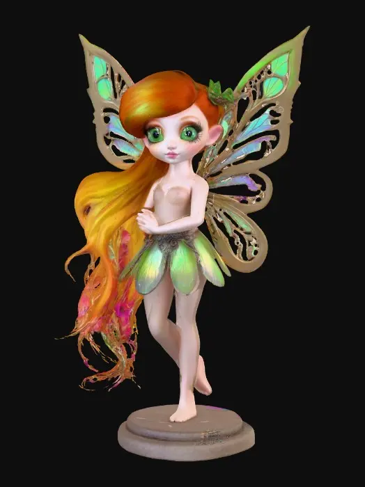 3D model for a playful green eyed, redhead, fairy with thick black lashes, and holographic metallic filigree wings in a mystical environment, surrounded by luminous exotic jungle florals. The figure is, rendered with intricate details and poised on a round rocky base.