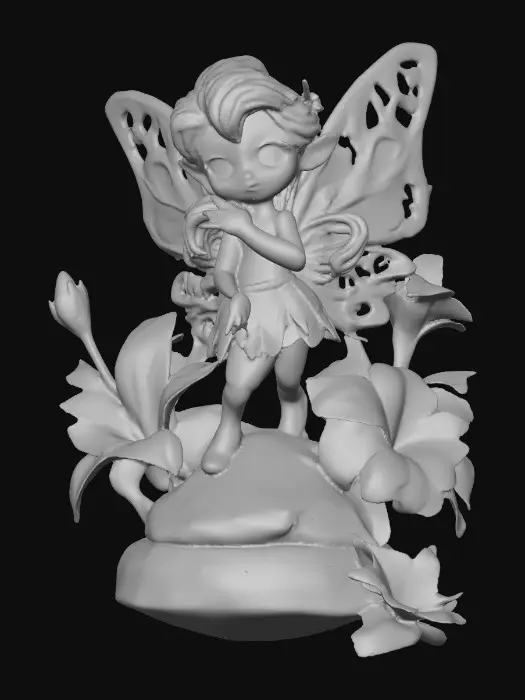 3D model for a playful green eyed, redhead, fairy with thick black lashes, and holographic metallic filigree wings in a mystical environment, surrounded by luminous exotic jungle florals. The figure is, rendered with intricate details and poised on a round rocky base.