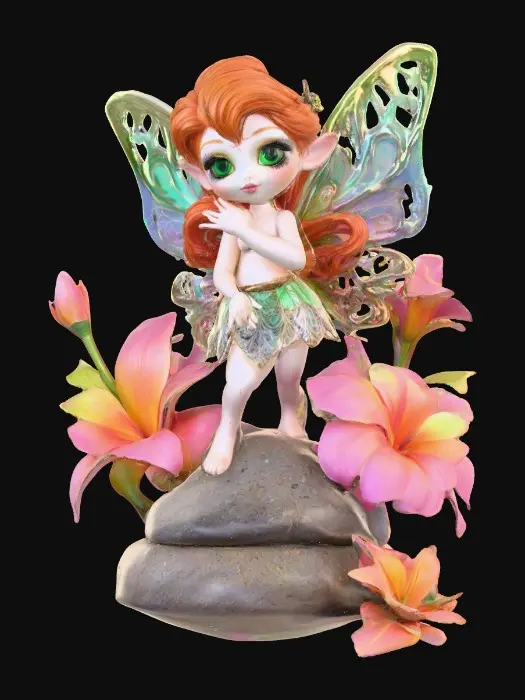 3D model for a playful green eyed, redhead, fairy with thick black lashes, and holographic metallic filigree wings in a mystical environment, surrounded by luminous exotic jungle florals. The figure is, rendered with intricate details and poised on a round rocky base.