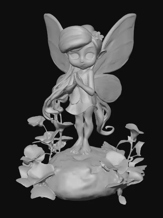3D model for a playful green eyed, redhead, fairy with thick black lashes, and holographic metallic filigree wings in a mystical environment, surrounded by luminous exotic jungle florals. The figure is, rendered with intricate details and poised on a round rocky base.