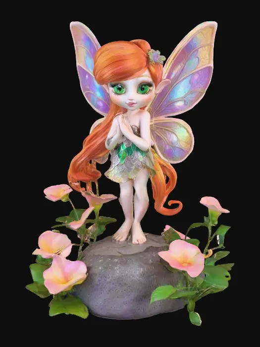 3D model for a playful green eyed, redhead, fairy with thick black lashes, and holographic metallic filigree wings in a mystical environment, surrounded by luminous exotic jungle florals. The figure is, rendered with intricate details and poised on a round rocky base.