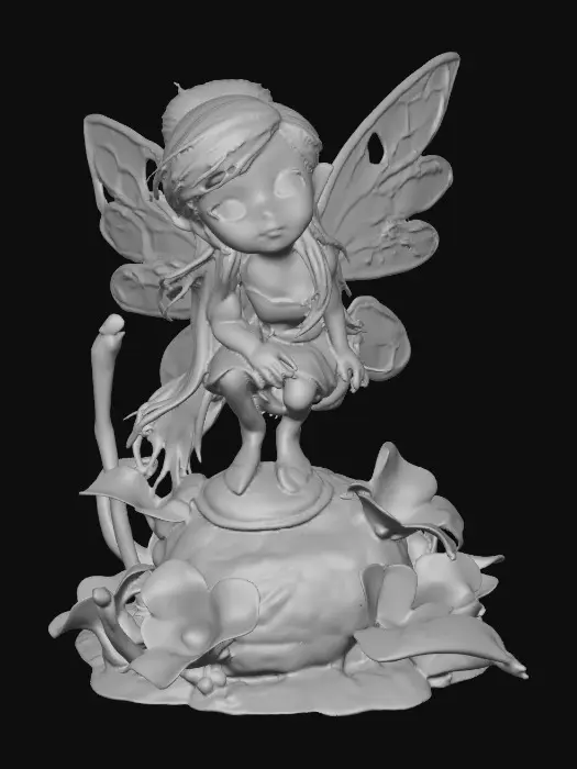 3D model for a playful green eyed, redhead, fairy with thick black lashes, and holographic metallic filigree wings in a mystical environment, surrounded by luminous exotic jungle florals. The figure is, rendered with intricate details and poised on a round rocky base.