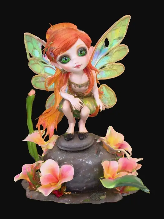 3D model for a playful green eyed, redhead, fairy with thick black lashes, and holographic metallic filigree wings in a mystical environment, surrounded by luminous exotic jungle florals. The figure is, rendered with intricate details and poised on a round rocky base.