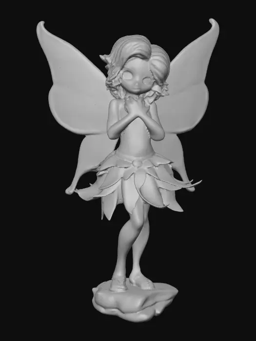 3D model for a playful green eyed, redhead, fairy with thick black lashes, and holographic metallic filigree wings in a mystical environment, surrounded by luminous exotic jungle florals. The figure is, rendered with intricate details and poised on a round rocky base.