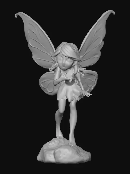 3D model for a playful sweet violet eyed, redhead, fairy with thick dark lashes, and holographic porcelain filigree wings in a mystical environment, surrounded by luminous exotic florals. The figure is, rendered with intricate details and poised on a round rocky base.