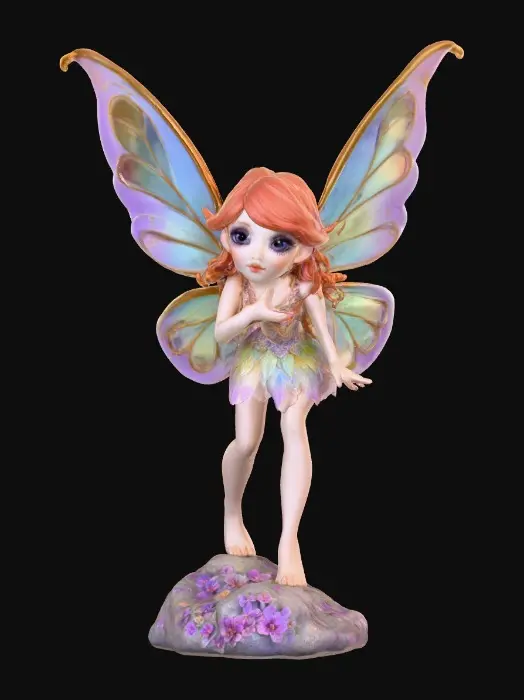 3D model for a playful sweet violet eyed, redhead, fairy with thick dark lashes, and holographic porcelain filigree wings in a mystical environment, surrounded by luminous exotic florals. The figure is, rendered with intricate details and poised on a round rocky base.