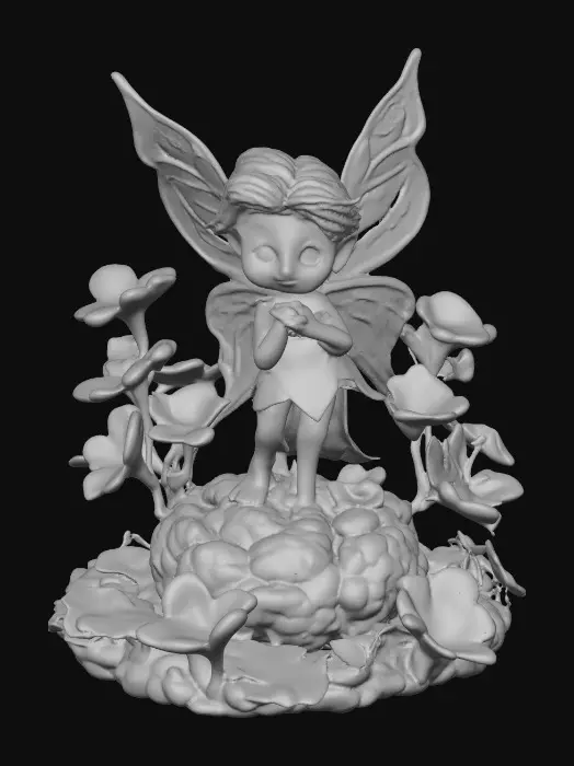 3D model for a playful sweet violet eyed, redhead, fairy with thick dark lashes, and holographic porcelain filigree wings in a mystical environment, surrounded by luminous exotic florals. The figure is, rendered with intricate details and poised on a round rocky base.