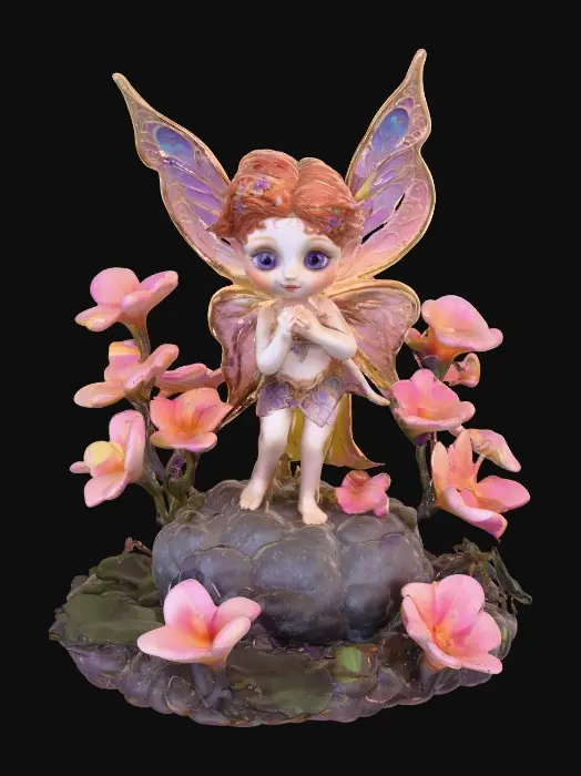 3D model for a playful sweet violet eyed, redhead, fairy with thick dark lashes, and holographic porcelain filigree wings in a mystical environment, surrounded by luminous exotic florals. The figure is, rendered with intricate details and poised on a round rocky base.