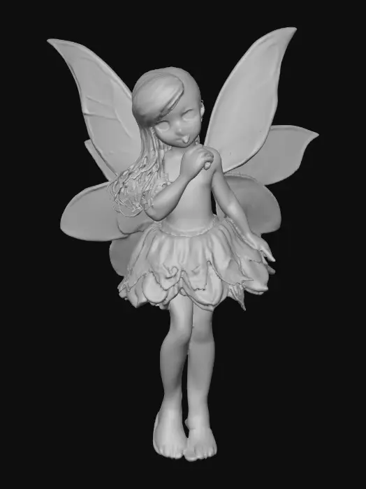 3D model for a playful sweet violet eyed, redhead, fairy with thick dark lashes, and holographic porcelain filigree wings in a mystical environment, surrounded by luminous exotic florals. The figure is, rendered with intricate details and poised on a round rocky base.