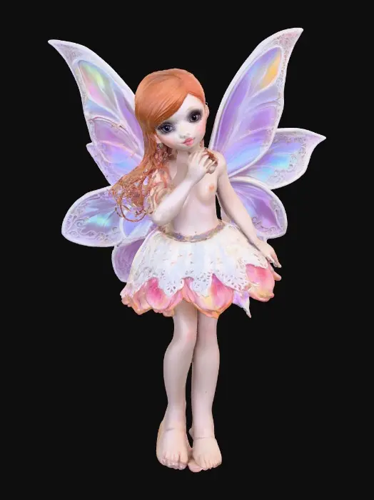 3D model for a playful sweet violet eyed, redhead, fairy with thick dark lashes, and holographic porcelain filigree wings in a mystical environment, surrounded by luminous exotic florals. The figure is, rendered with intricate details and poised on a round rocky base.