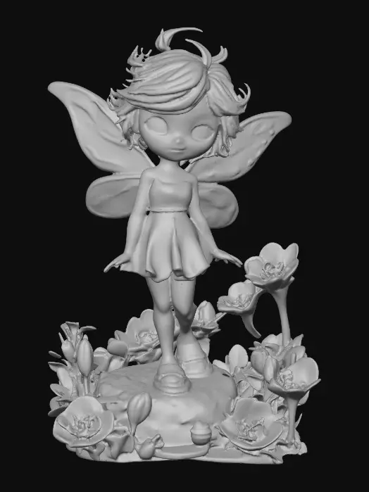 3D model for a playful sweet violet eyed, redhead, fairy with thick dark lashes, and holographic porcelain filigree wings in a mystical environment, surrounded by luminous exotic florals. The figure is, rendered with intricate details and poised on a round rocky base.