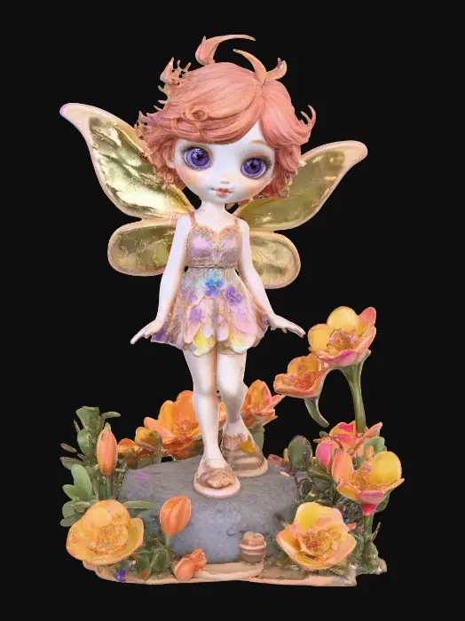 3D model for a playful sweet violet eyed, redhead, fairy with thick dark lashes, and holographic porcelain filigree wings in a mystical environment, surrounded by luminous exotic florals. The figure is, rendered with intricate details and poised on a round rocky base.