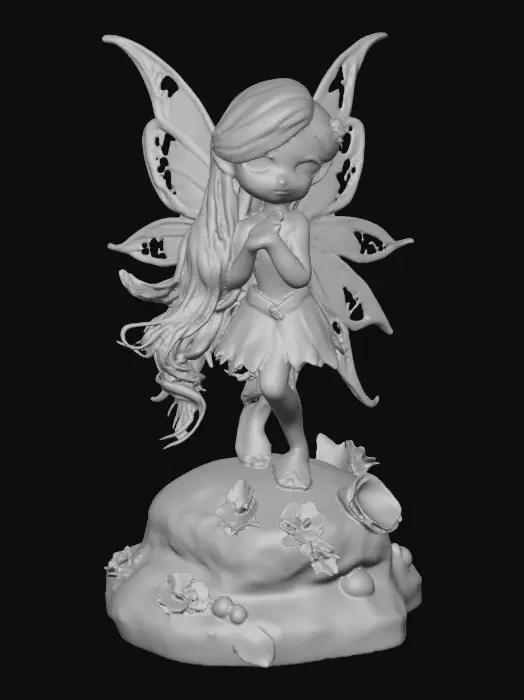 3D model for a playful sweet violet eyed, redhead, fairy with thick dark lashes, and holographic porcelain filigree wings in a mystical environment, surrounded by luminous exotic florals. The figure is, rendered with intricate details and poised on a round rocky base.