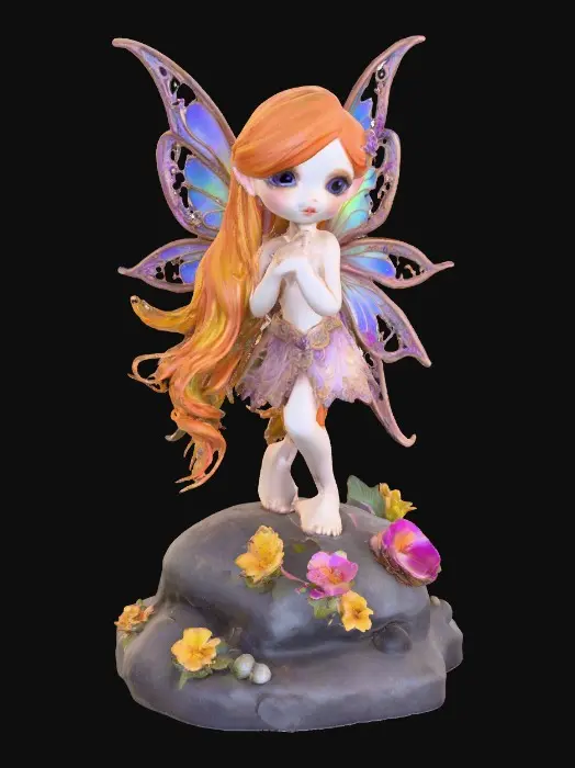 3D model for a playful sweet violet eyed, redhead, fairy with thick dark lashes, and holographic porcelain filigree wings in a mystical environment, surrounded by luminous exotic florals. The figure is, rendered with intricate details and poised on a round rocky base.