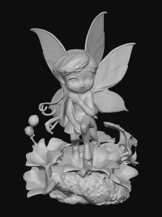 3D model for a playful sweet violet eyed, redhead, fairy with thick dark lashes, and holographic porcelain filigree wings in a mystical environment, surrounded by luminous exotic florals. The figure is, rendered with intricate details and poised on a round rocky base.
