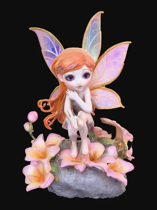 3D model for a playful sweet violet eyed, redhead, fairy with thick dark lashes, and holographic porcelain filigree wings in a mystical environment, surrounded by luminous exotic florals. The figure is, rendered with intricate details and poised on a round rocky base.