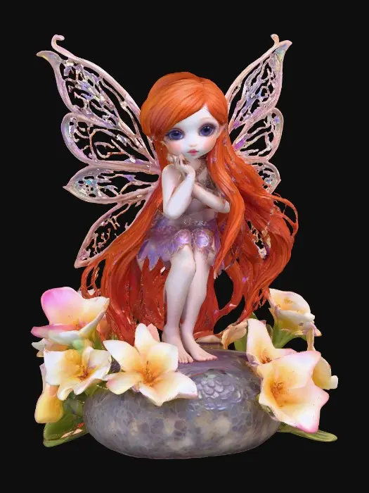 3D model for a playful sweet violet eyed, redhead, fairy with thick dark lashes, and holographic porcelain filigree wings in a mystical environment, surrounded by luminous exotic florals. The figure is, rendered with intricate details and poised on a round rocky base.