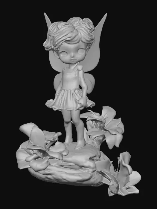 3D model for a playful sweet violet eyed, redhead, fairy with thick dark lashes, and holographic porcelain filigree wings in a mystical environment, surrounded by luminous exotic florals. The figure is, rendered with intricate details and poised on a round rocky base.