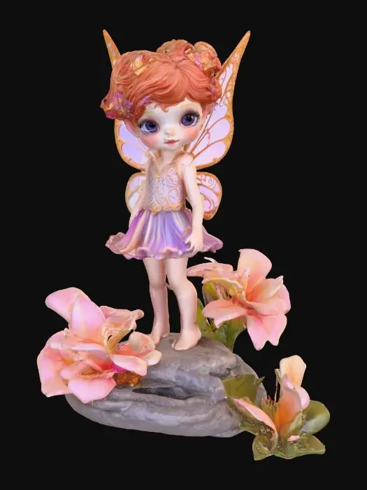 3D model for a playful sweet violet eyed, redhead, fairy with thick dark lashes, and holographic porcelain filigree wings in a mystical environment, surrounded by luminous exotic florals. The figure is, rendered with intricate details and poised on a round rocky base.