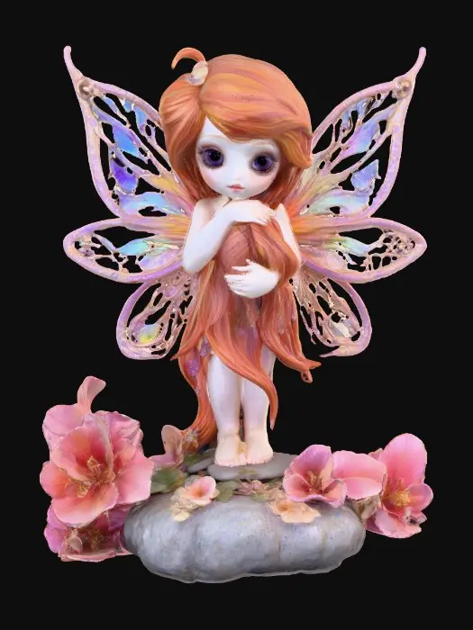 3D model for a playful sweet violet eyed, redhead, fairy with thick dark lashes, and holographic porcelain filigree wings in a mystical environment, surrounded by luminous exotic florals. The figure is, rendered with intricate details and poised on a round rocky base.