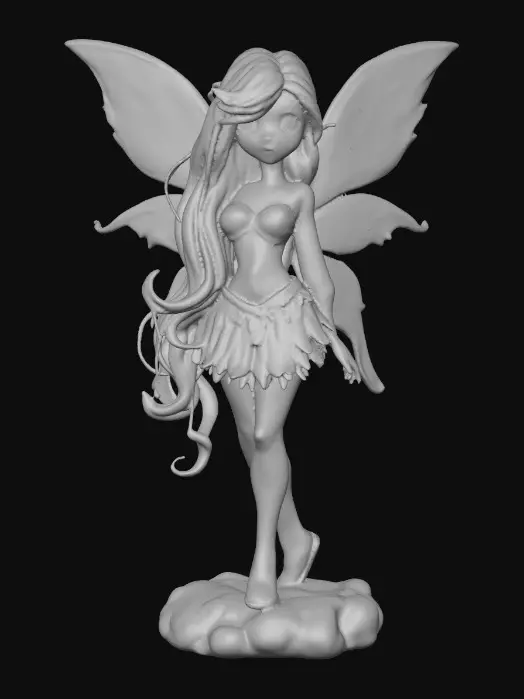 3D model for a playful sweet violet eyed, redhead, fairy with thick dark lashes, and holographic porcelain filigree wings in a mystical environment, surrounded by luminous exotic florals. The figure is, rendered with intricate details and poised on a round rocky base.