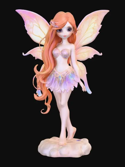 3D model for a playful sweet violet eyed, redhead, fairy with thick dark lashes, and holographic porcelain filigree wings in a mystical environment, surrounded by luminous exotic florals. The figure is, rendered with intricate details and poised on a round rocky base.