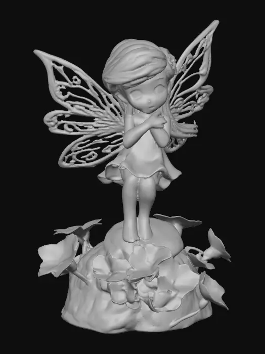 3D model for a playful sweet violet eyed, redhead, fairy with thick dark lashes, and holographic porcelain filigree wings in a mystical environment, surrounded by luminous exotic florals. The figure is, rendered with intricate details and poised on a round rocky base.
