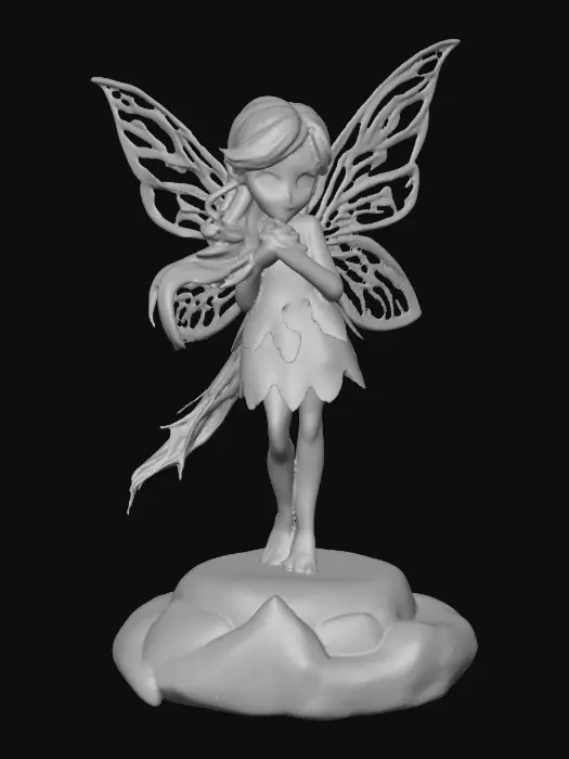 3D model for a playful sweet violet eyed, redhead, fairy with thick dark lashes, and holographic porcelain filigree wings in a mystical environment, surrounded by luminous exotic florals. The figure is, rendered with intricate details and poised on a round rocky base.