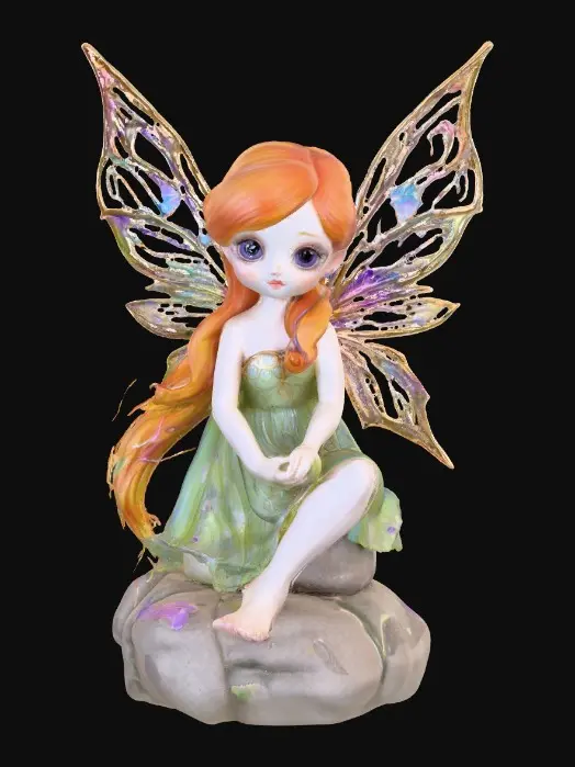 3D model for a playful sweet violet eyed, redhead, fairy with thick dark lashes, and holographic porcelain filigree wings in a mystical environment, surrounded by luminous exotic florals. The figure is, rendered with intricate details and poised on a round rocky base.