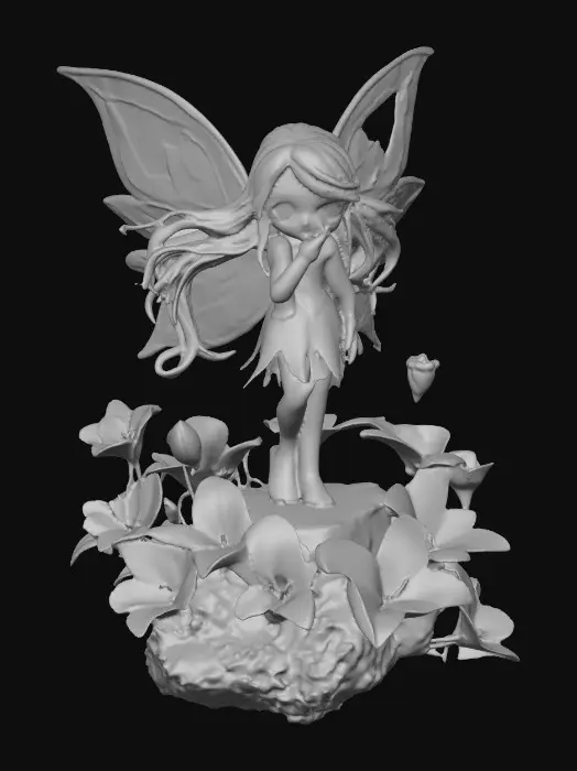 3D model for a playful sweet violet eyed, redhead, fairy with thick dark lashes, and holographic porcelain filigree wings in a mystical environment, surrounded by luminous exotic florals. The figure is, rendered with intricate details and poised on a round rocky base.