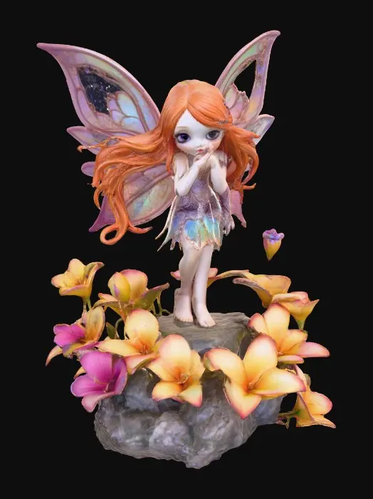 3D model for a playful sweet violet eyed, redhead, fairy with thick dark lashes, and holographic porcelain filigree wings in a mystical environment, surrounded by luminous exotic florals. The figure is, rendered with intricate details and poised on a round rocky base.
