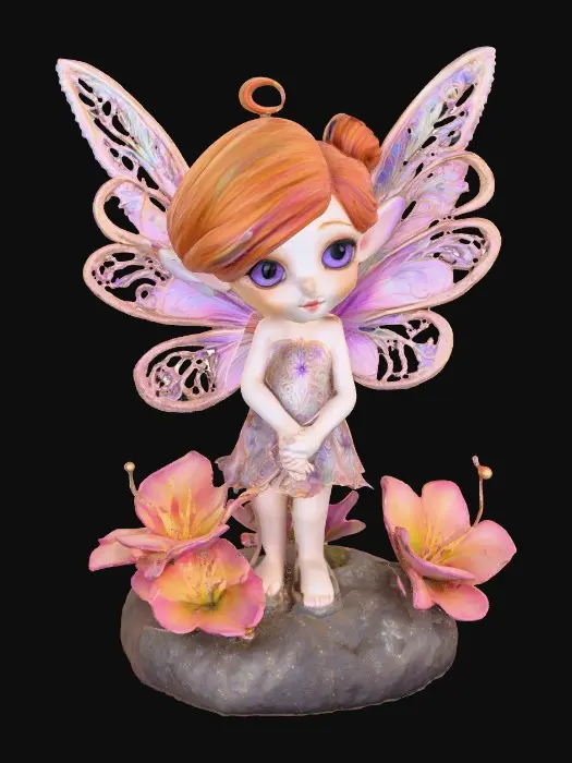 3D model for a playful sweet violet eyed, redhead, fairy with thick dark lashes, and holographic porcelain filigree wings in a mystical environment, surrounded by luminous exotic florals. The figure is, rendered with intricate details and poised on a round rocky base.