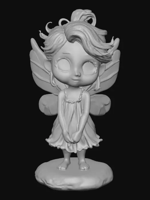 3D model for a playful sweet violet eyed, redhead, fairy with thick dark lashes, and holographic porcelain filigree wings in a mystical environment, surrounded by luminous exotic florals. The figure is, rendered with intricate details and poised on a round rocky base.