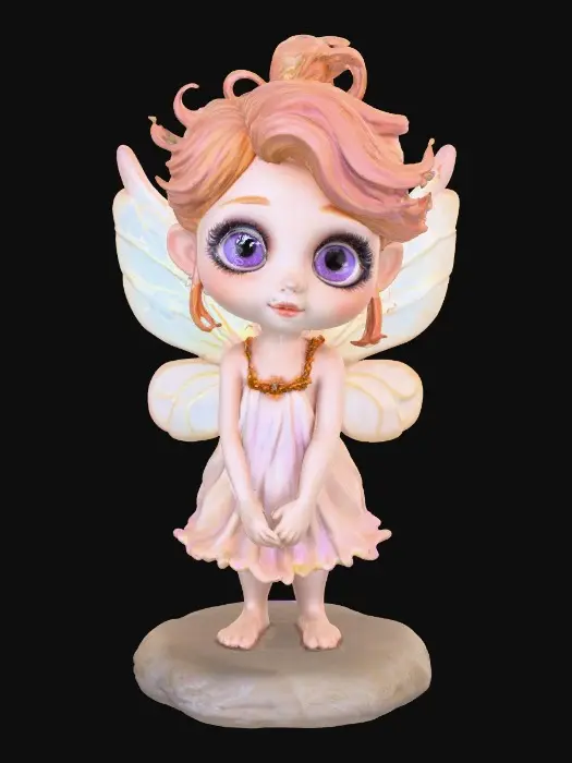 3D model for a playful sweet violet eyed, redhead, fairy with thick dark lashes, and holographic porcelain filigree wings in a mystical environment, surrounded by luminous exotic florals. The figure is, rendered with intricate details and poised on a round rocky base.