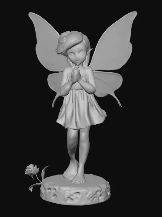 3D model for a playful sweet violet eyed, redhead, fairy with thick dark lashes, and holographic porcelain filigree wings in a mystical environment, surrounded by luminous exotic florals. The figure is, rendered with intricate details and poised on a round rocky base.