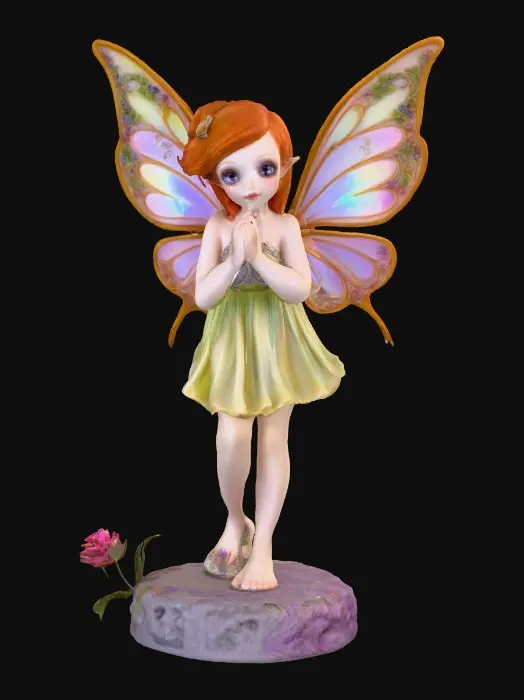 3D model for a playful sweet violet eyed, redhead, fairy with thick dark lashes, and holographic porcelain filigree wings in a mystical environment, surrounded by luminous exotic florals. The figure is, rendered with intricate details and poised on a round rocky base.