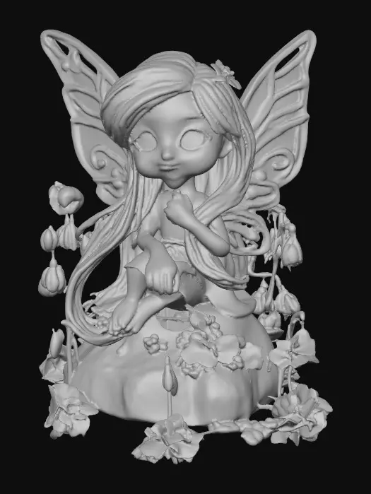 3D model for a playful sweet violet eyed, redhead, snowdrop  fairy with thick dark lashes, and porcelain filigree wings in a mystical environment, surrounded by snowdrop florals. The figure is, rendered with intricate details and poised on a round rocky base.