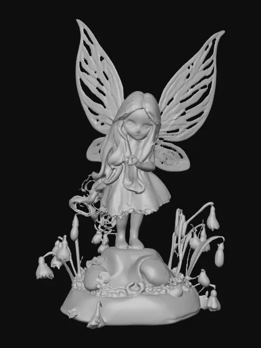 3D model for a playful sweet violet eyed, redhead, snowdrop  fairy with thick dark lashes, and porcelain filigree wings in a mystical environment, surrounded by snowdrop florals. The figure is, rendered with intricate details and poised on a round rocky base.