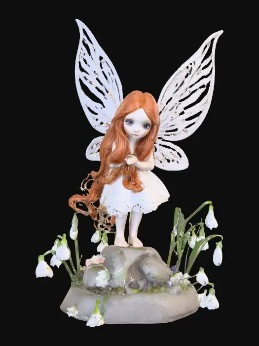 3D model for a playful sweet violet eyed, redhead, snowdrop  fairy with thick dark lashes, and porcelain filigree wings in a mystical environment, surrounded by snowdrop florals. The figure is, rendered with intricate details and poised on a round rocky base.
