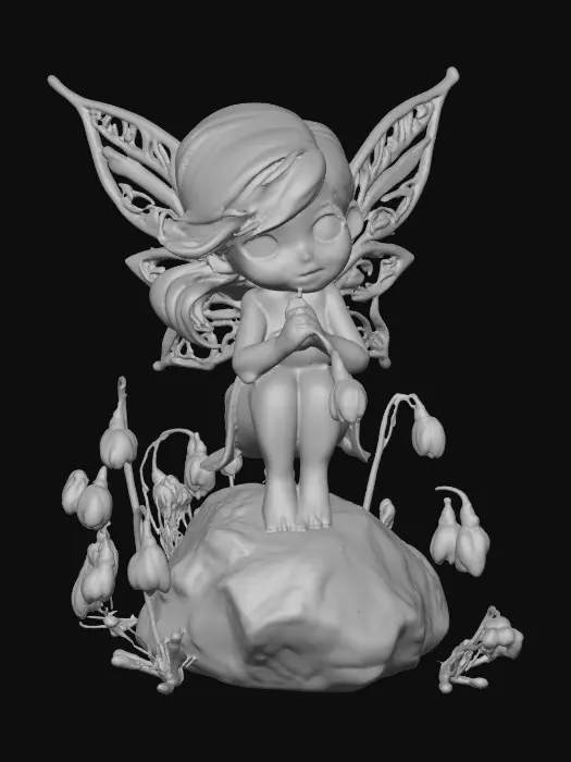 3D model for a playful sweet violet eyed, redhead, snowdrop fairy with thick dark lashes, and porcelain filigree wings in a mystical environment, surrounded by snowdrop florals. The figure is, rendered with intricate details and poised on a round rocky base.