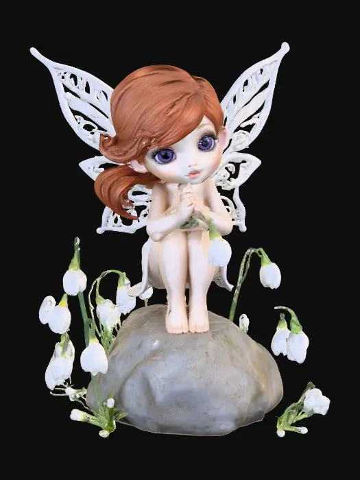 3D model for a playful sweet violet eyed, redhead, snowdrop fairy with thick dark lashes, and porcelain filigree wings in a mystical environment, surrounded by snowdrop florals. The figure is, rendered with intricate details and poised on a round rocky base.