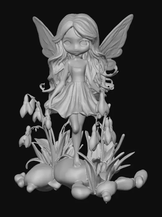 3D model for a playful sweet violet eyed, redhead, snowdrop fairy with thick dark lashes, and porcelain filigree wings in a mystical environment, surrounded by snowdrop florals. The figure is, rendered with intricate details and poised on a round rocky base.